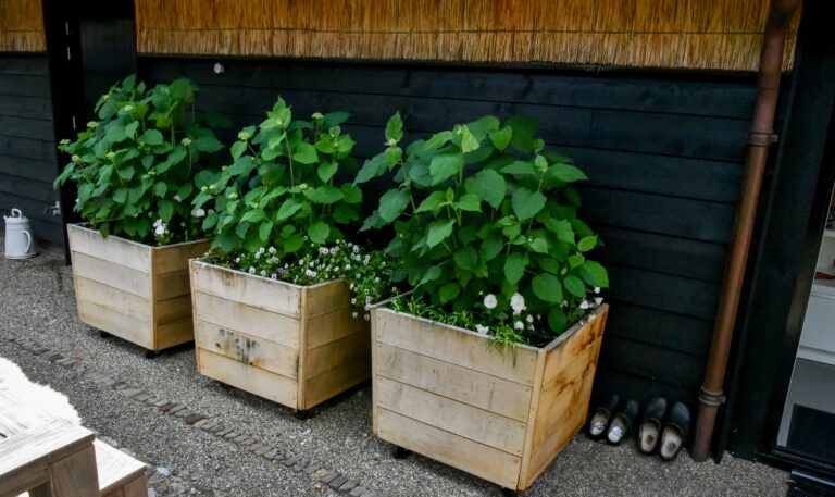 Grote houten bloembakken in landelijke stijl.