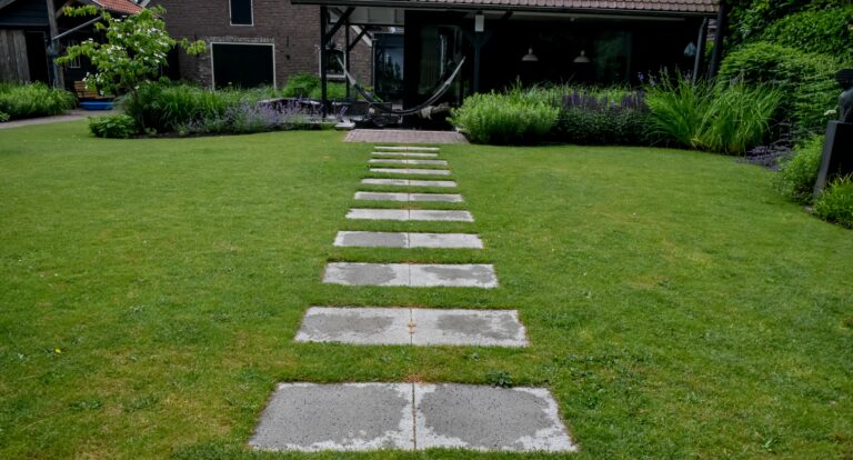 Landelijke strakke tuin met pad in grasveld.