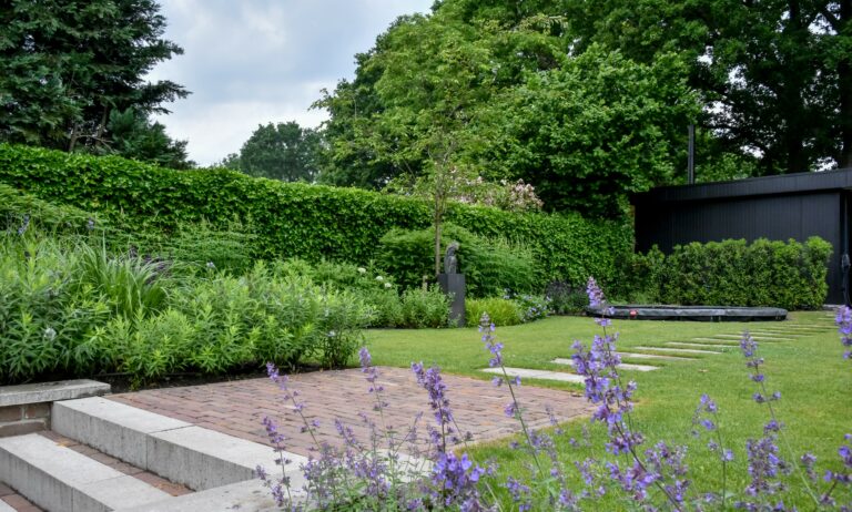 Voorbeeld van landelijke strakke tuin; bestrating.