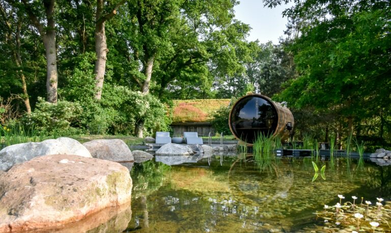 Natuurlijke moderne zwemvijver met luxe.